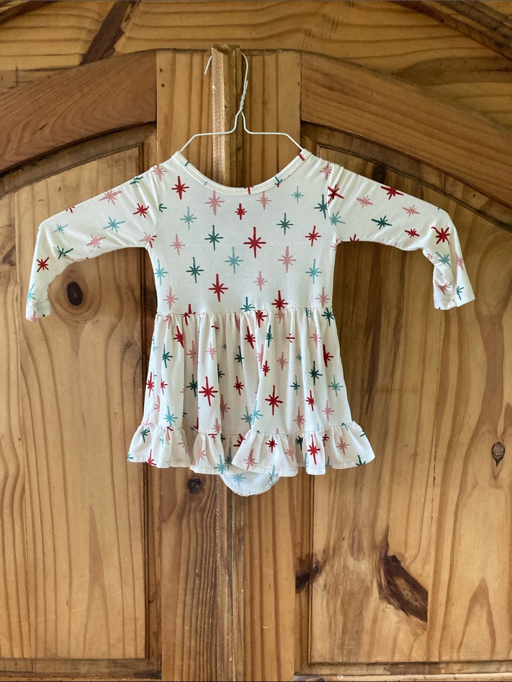 Little One Shop green red star snowflake long sleeve dress size 3-6 months